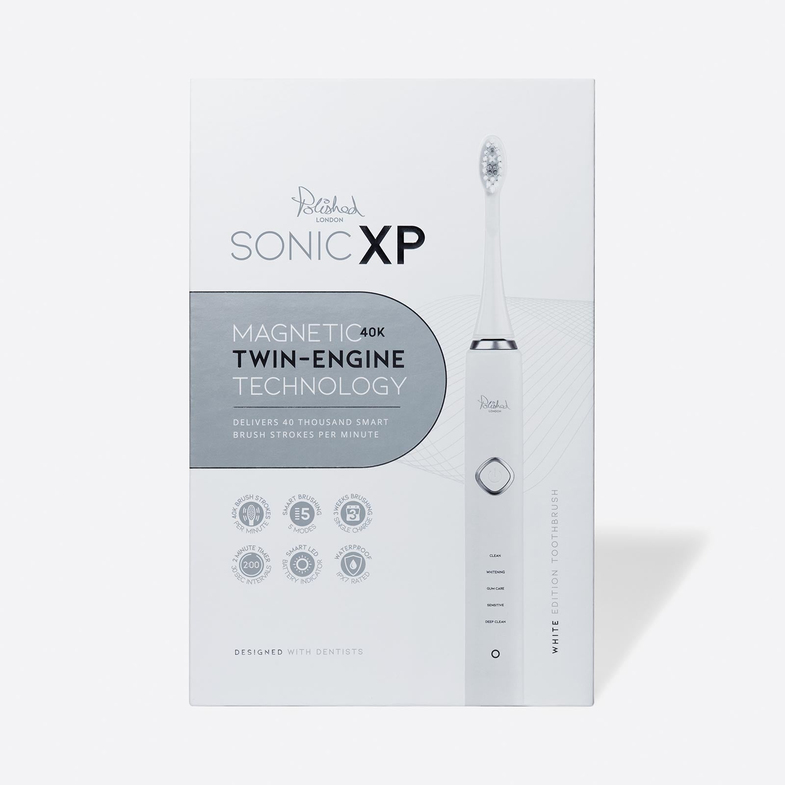 The Polished London Sonic XP Toothbrush box in white